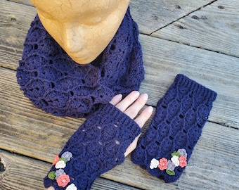 Handmade Crochet Fingerless Mittens and Cowl Set, Cottagecore Fairycore, with Swarovski Crystals