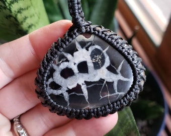 Gift idea necklace jewlery Handmade Macrame Pendant Gorgeous septarian nodule cabochon 3 statement piece