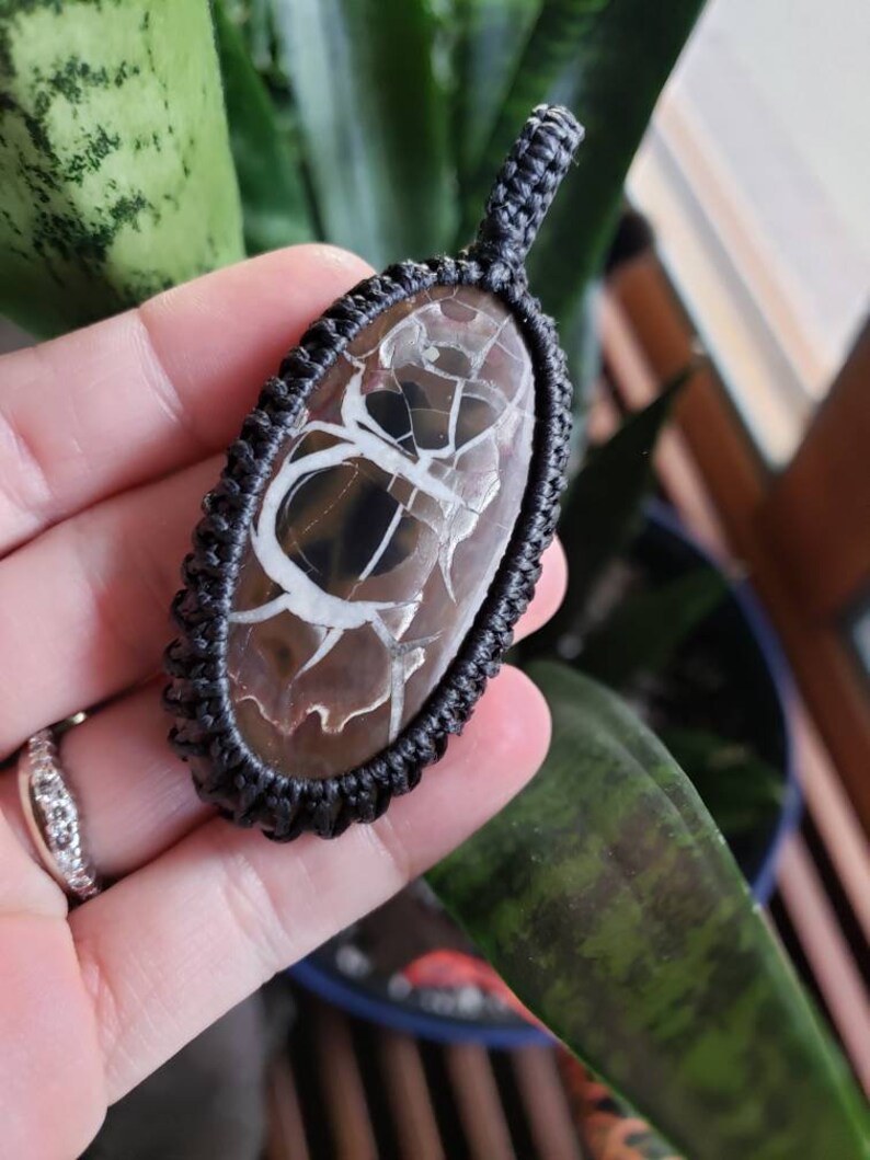 Gift idea necklace jewlery Handmade Macrame Pendant Gorgeous septarian nodule cabochon 3 statement piece