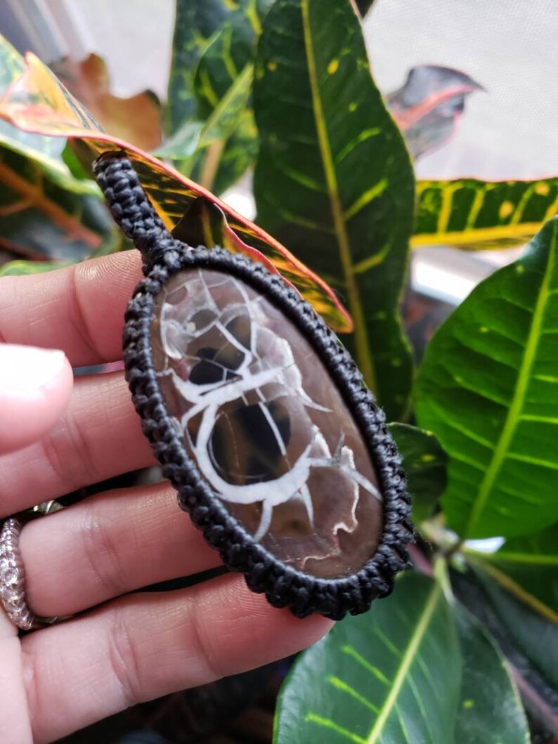 Gift idea necklace jewlery Handmade Macrame Pendant Gorgeous septarian nodule cabochon 3 statement piece