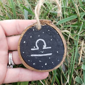Handmade Wooden Slice Ornament. Zodiac Constellation. Libra. Handpainted. Galaxy. symbol. Gift idea. Decor. The scales.