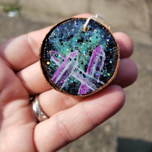 Handmade Wooden Slice Ornament. Crystals. Purple. Handpainted. Galaxy. Resin