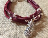 Pineapple charm multi strand leather bracelet