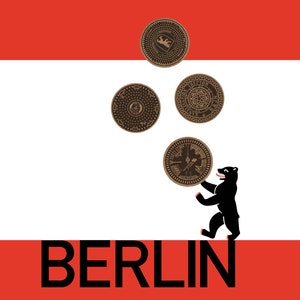 May include: A black bear silhouette holding a brown manhole cover with a design on it. The bear is standing on a white stripe with the word "BERLIN" in black letters on a red background.