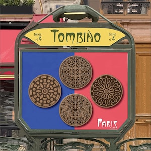 Paris: Manhole cover Coasters-La Ville Lumière. Cadeau unique! Hand-drawn et Handmade