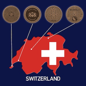 SWITZERLAND: Manhole cover Coasters-Bern, Geneva, Lausanne & Zurich. Einzigartiges Geschenk! Hand-drawn and Handmade