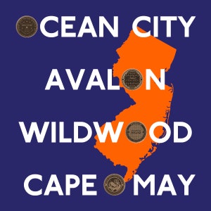 May include: An orange outline of the state of New Jersey with the words "OCEAN CITY", "AVALON", "WILDWOOD", and "CAPE MAY" in white text. There are four circular images of manhole covers with different designs and text.