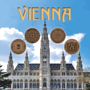 May include: A photo of the Vienna City Hall with the word "VIENNA" in large letters at the top of the image. Four brown wooden manhole covers with different designs are superimposed on the image. The manhole covers are circular and have a raised design.