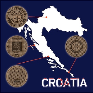 Puede incluir: Un mapa de Croacia con tapas de alcantarilla de diferentes ciudades. Las tapas de alcantarilla son marrones con texto y símbolos blancos. Las ciudades representadas son Zagreb, Zadar, Dubrovnik y Split.
