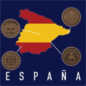 May include: A graphic showing the Spanish flag and map, with four circular manhole cover designs representing different cities. The word "ESPAÑA" is displayed in white letters against a dark blue background.