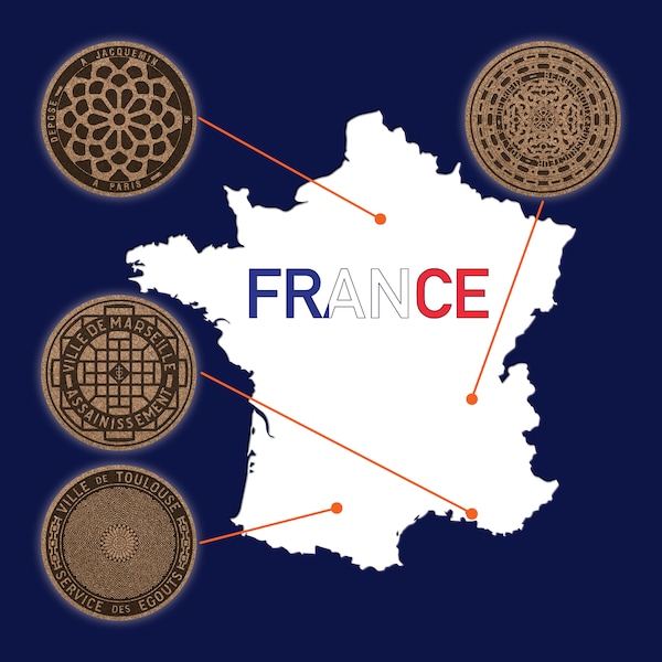 Manhole cover Coasters-France-Lyon, Marseilles, Paris & Toulouse: Longue vie à la France! Cadeau unique