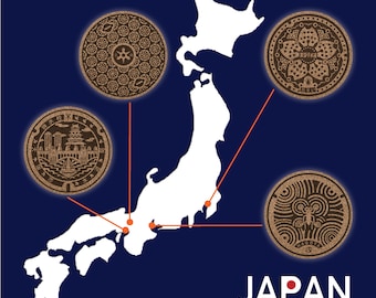Japan: Manhole Cover Coasters-Tokyo, Kyoto, Osaka & Nagoya  東京、京都、大阪、名古屋 Hand-drawn and Handmade.