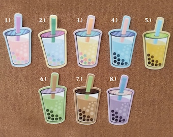 May include: Eight colorful bubble tea stickers with different flavors and toppings. The stickers are numbered 1 through 8.