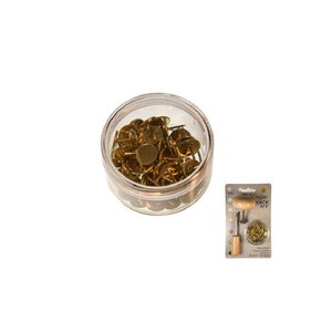 May include: A clear plastic container filled with gold tacks and a small wooden hammer with a gold tack in the handle. The hammer is packaged in a clear plastic bag with a white label that says "Classic Tack Kit".