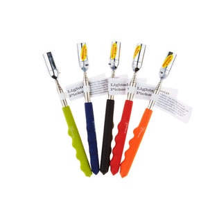 May include: Five colorful, extendable, metal fireplace poker tools with rubberized handles. The handles are green, blue, black, red, and orange. The tools are labeled "Lighted Picks".