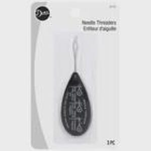 May include: A Dritz brand needle threader on a white retail display card. The tool features a black, teardrop-shaped plastic handle with a thin, silver wire loop at the top. The text Needle Threaders Enfileur d'aiguille is printed on the card.