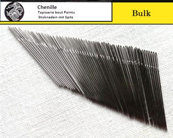 May include: A bulk pack of chenille needles for tapestry, embroidery, and other crafts. The needles are silver in color and have a pointed tip. The packaging is yellow and black with the text "JOHN JAMES Chenille Tapisserie bout Pointu Sticknadeln mit Spitz Bulk".