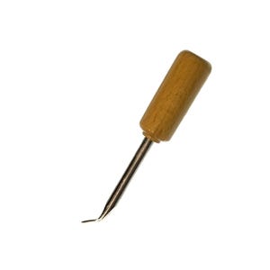 May include: A wooden-handled awl with a silver-colored metal shaft and a curved tip. The handle is a light brown color. The tool is designed for piercing or making holes in materials like leather or fabric.