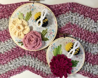 Bees & Flowers, Crochet and Embroidery Mixed Media Hoop, Varying Sizes