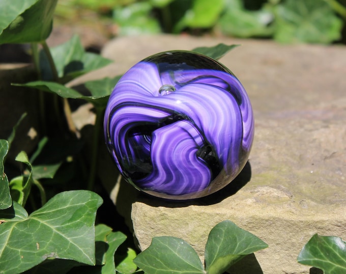 Handmade Glass Paperweight Amethyst Purple and White Swirls with center Bubble