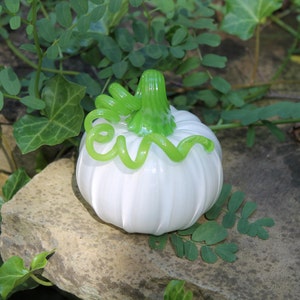 Blown Glass Pumpkin, Opaque White with Opaque Light Green Stem