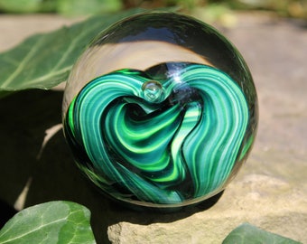 Handmade Glass Paperweight Green and White Swirls with center Bubble