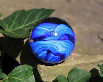 Handmade Glass Paperweight Cobalt Blue and White Swirls with center Bubble