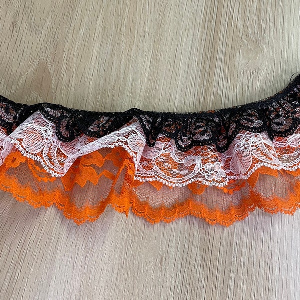 Orange Black and White Ruffled Lace, 3 inch, 3 Tier Lace Trim, Apparel Edging, Sewing Notions, Scrapbooking Supply, Dressmaking, By the Yard