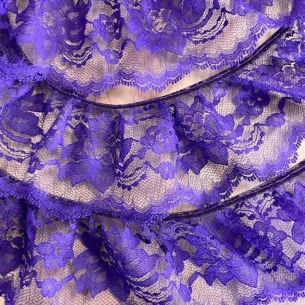 Dark Purple Ruffled Lace, 3 inches Wide, Decorative Lace Trim, Sewing Notions, Collage Supplies, Girls Dress Purple Border, 2 Yards