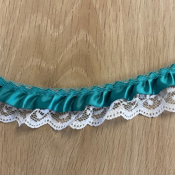 2 Yards Teal Ribbon on White Lace, 1 inch, 2 Tier Ruffled Lace Trim, Decorative Lace, Sewing, Wedding and Bridal Supplies, Scrapbooking