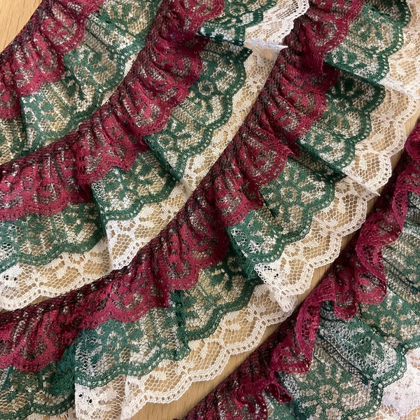 Burgundy Green and White Ruffled Lace, 2.5 Inch, 3 Tier Lace Trim, Sewing, Collage, Scrapbooking, Decorative Lace, Costume, Decor, 2 YARDS