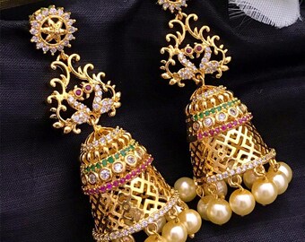 CZ JhumkiJhumka Earring,Gold Plated AD JhumkaJhumki,IndianBridal Cubic Zircon Jhumka,Bollywood,IndianChandelierEarring,IndianBridalJewelry