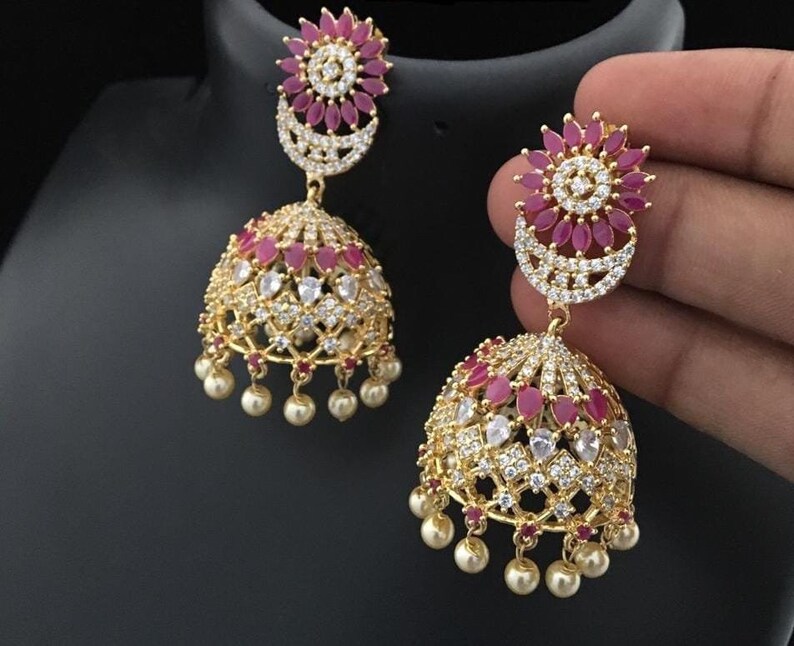 CZ JhumkiJhumka Earring,Gold Plated AD JhumkaJhumki,IndianBridal Cubic Zircon Jhumka,Bollywood,IndianChandelierEarring,IndianBridalJewelry