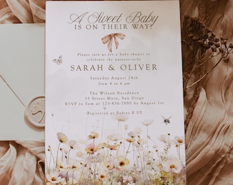 Watercolor Flowers Baby Shower Invitation for Canva, Editable Printable Fall Wildflower Party Invite