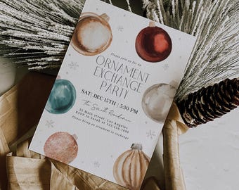 Plantilla de invitación para fiesta de intercambio de adornos, invitación editable para cena de Navidad, invitación imprimible para fiestas navideñas para Canva / Koa