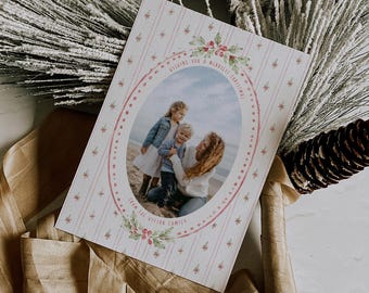 Grandmillennial Christmas Card Template for Photoshop & Canva, Greenery Oval Photo Holiday Card