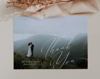 Plantilla de tarjeta de agradecimiento para boda bohemia, tarjeta de agradecimiento con foto minimalista, Photoshop, Canva / Sloane