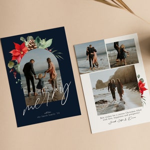 Floral Merry Christmas Card Template, Modern Christmas, Christmas Photo Card, Photo Holiday Card, Photoshop and Canva Template - CC184