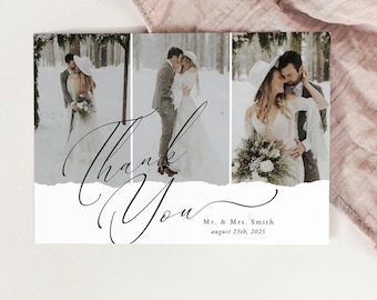 Plantilla de tarjeta de agradecimiento para boda bohemia, tarjeta de agradecimiento con foto minimalista, Photoshop, Canva / Sloane