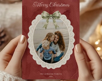 Coquette Bow Scalloped Lace Frame Photo Holiday Card, Grandmillennial Christmas Card Template for Photoshop & Canva