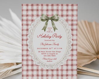 Grandmillennial Lace Christmas Party Invitation Template, Editable Gingham Xmas Dinner Invite, Printable DIY Holiday Party Evite for Canva