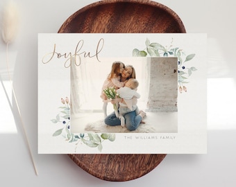 Joyful Photo Christmas Card Template, Watercolor Greenery Holiday Card Template, Photoshop and Canva Templates | Elsa
