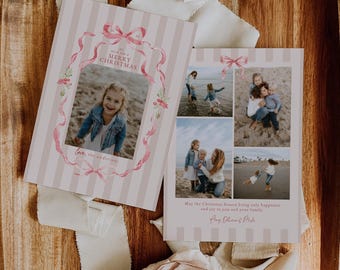 Pink Stripes Bow Wreath Christmas Card Template for Photoshop & Canva, Watercolor Greenery Photo Holiday Card