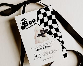 A Little Boo is Almost Due Halloween Baby Shower Invitation for Canva, Editable Printable Retro Checkered Party Invite