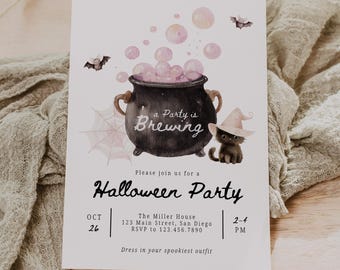 A Party is Brewing Halloween Party Invitation for Canva, Watercolor Cauldron Holiday Invite, Editable Spooky Dinner Evite