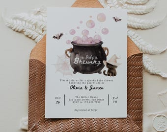 A Baby is Brewing Halloween Baby Shower Invitation for Canva, Editable Printable Watercolor Party Invite