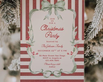 Greenery Coquette Bow Christmas Party Invitation Template, Editable Stripes Xmas Dinner Invite, Printable DIY Holiday Party Evite for Canva