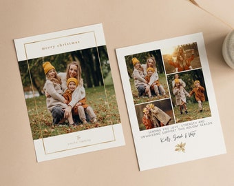 Gold Christmas Photo Card Template, Minimalist Christmas Card, Photo Holiday Card Template, Christmas Card Template, Editable Card Template