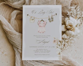 Boho Girl Clothesline Baby Shower Invitation for Canva, Editable Printable Pink Clothes Party Invite with Watercolor Flowers