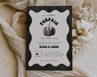 Little Pumpkin on the Way Halloween Baby Shower Invitation for Canva, Fall Editable Printable Watercolor Pumpkin Party Invite